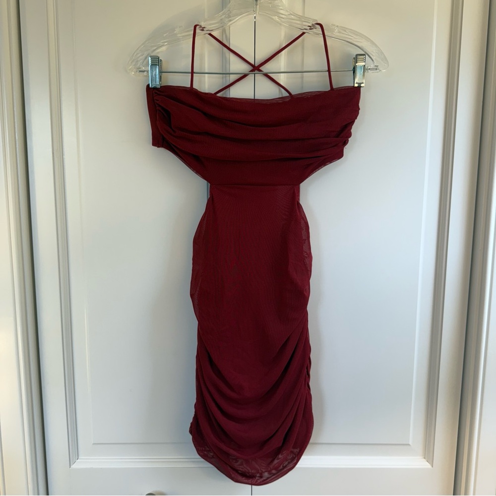 Lulus Confident Allure Maroon/Cranberry LaceUp Bodycon Mini Dress Homecoming XXS